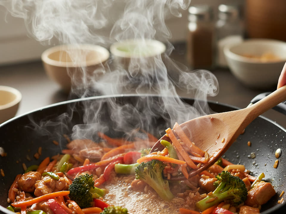Ginger chicken stir-fry in a wok